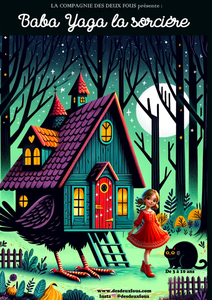Affiche du spectacle avec illustration fantastique d'une maison dans une forêt, un chat noir et une petite fille